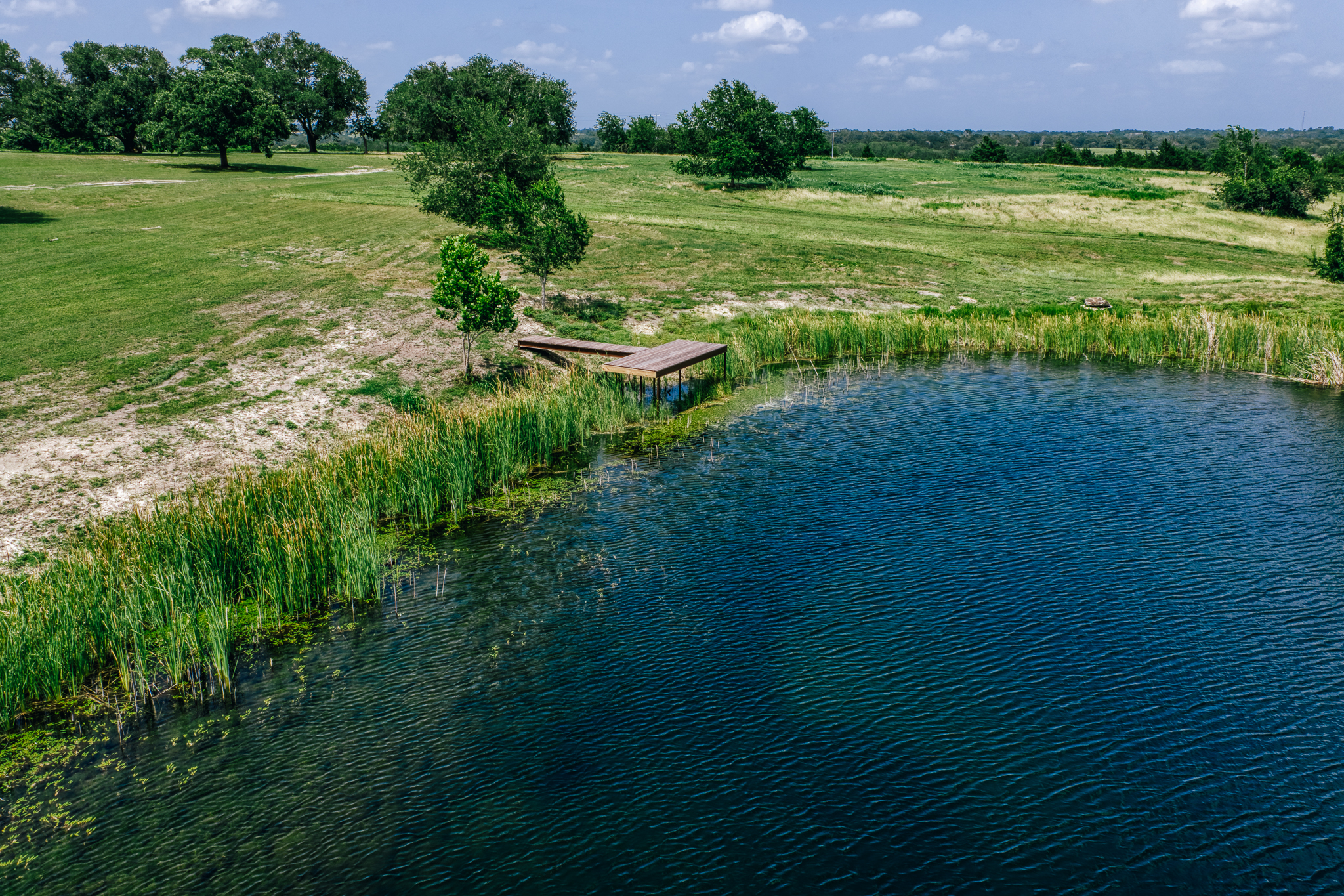 Aerial of dock, pond, and oaks at Lot 3